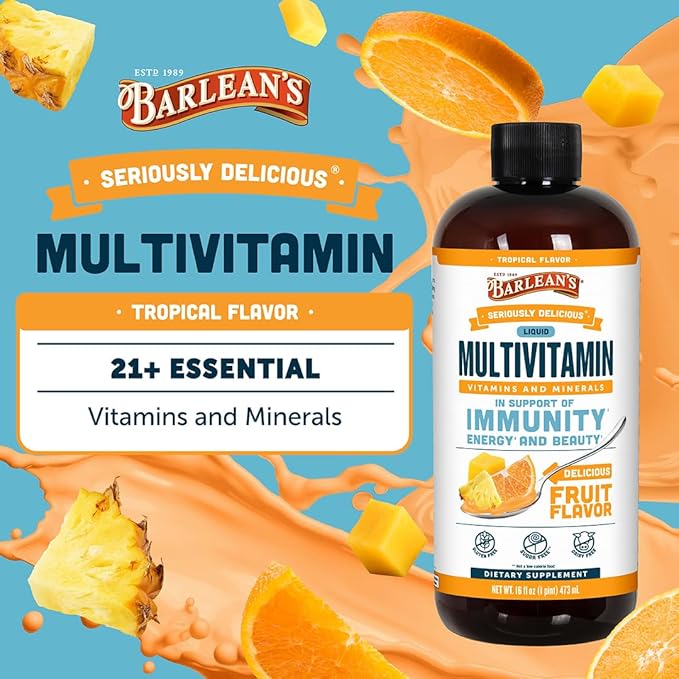 Barlean's Liquid Multivitamin for Women, Men & Kids, 21 Essential Vitamins & Minerals, Includes Biotin, B-Complex, Vitamins C, D3 & K2, Smoothie-Like Daily Supplement, Tropical Flavor, 16 fl oz