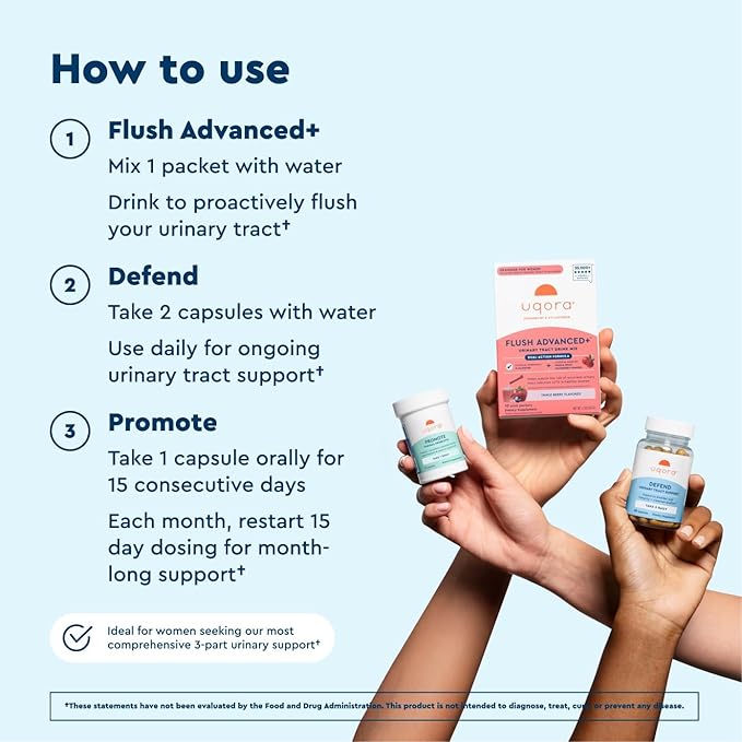 Uqora Flush Advanced+ Regimen with Flush Advanced+ (2 Pack) - Cranberry to Reduce Risk of Recurrent UTI** - Defend & Promote - D-Mannose, Vitamin C, Green Tea Extract & Probiotics - 3-Part Bundle