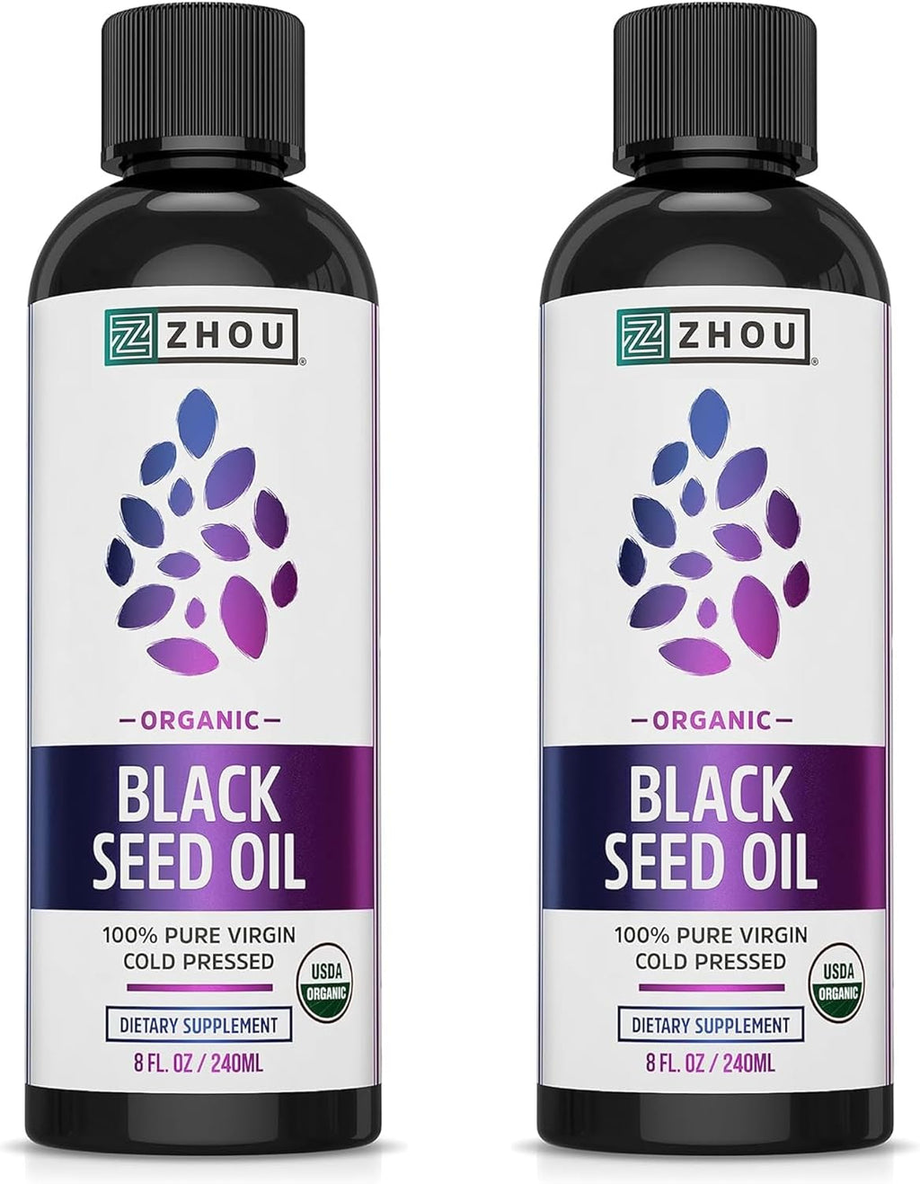 ZHOU Organic Black Seed Oil - Black Cumin Seed Oil Cold Pressed, Nigella Sativa, Pure Unrefined Blackseed Liquid, Premium Supplement for Health with Thymoquinone, Omega 3 6 9-8 Fl Oz (Pack of 2)