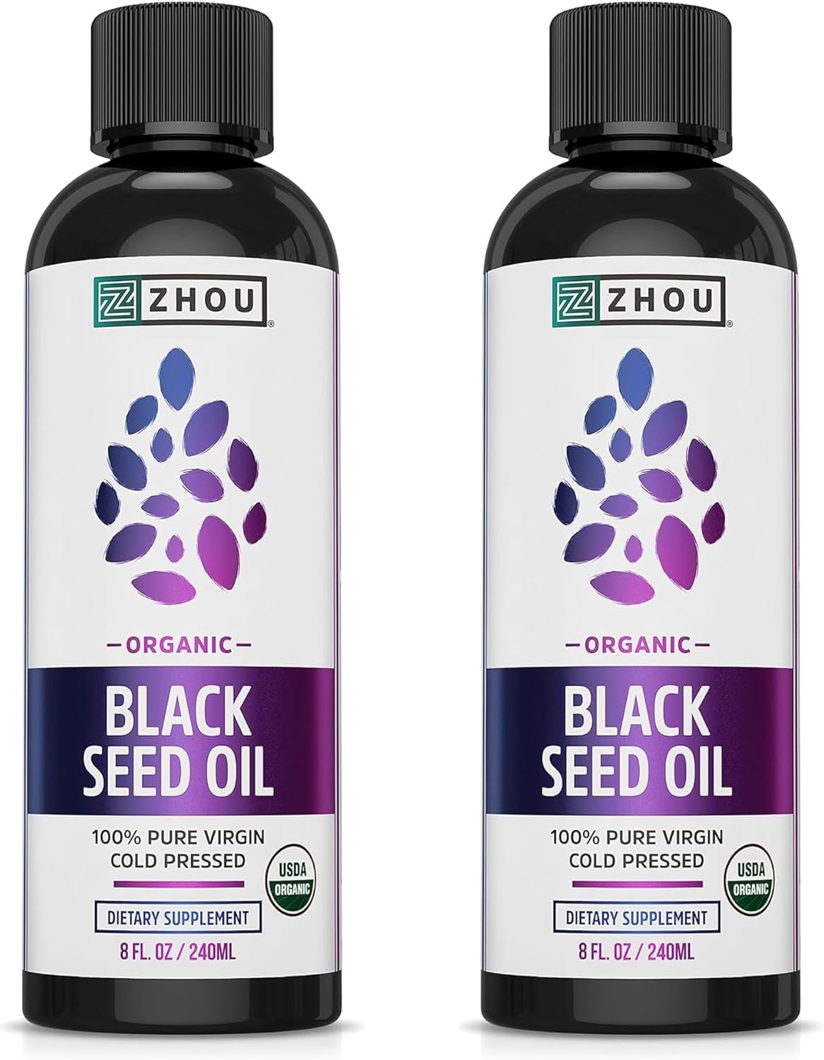 ZHOU Organic Black Seed Oil - Black Cumin Seed Oil Cold Pressed, Nigella Sativa, Pure Unrefined Blackseed Liquid, Premium Supplement for Health with Thymoquinone, Omega 3 6 9-8 Fl Oz (Pack of 2)