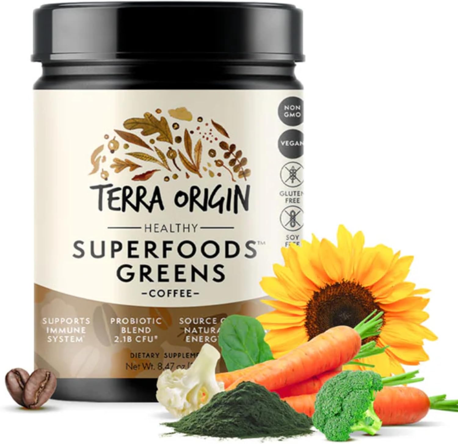 TERRA ORIGIN Superfoods Greens Immune Defense and Digestive Support | Probiotics, Organic Vegetables, Digestive Enzymes | Non-GMO, Gluten-Free, Dairy Free, Vegan | 30 Servings | Coffee Flavor
