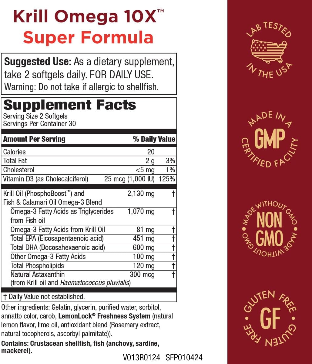Purity Products Krill Omega-3 10x more EPA and DHA Super Formula Premium PhosphoBoost Krill Oil + Astaxanthin - Supports Joint Comfort + Flexibility - No Fish Burps LemonLock System - 60 SoftGels