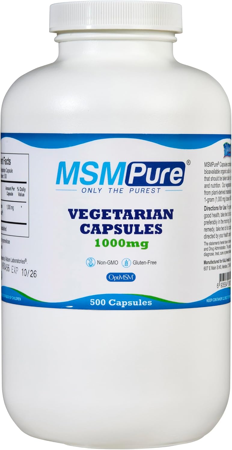 KALA HEALTH MSMPure MSM Vegetarian Capsules – 1,000 mg US-Made MSM per Capsule for Joint Health, Skin Appearance, Hair & Nail Support – 500 Count, Organic Sulfur