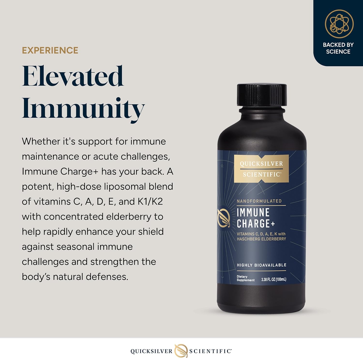 Quicksilver Scientific Immune Charge+ - Elderberry with 10,000 IU Vitamin D3, 25,000 Vitamin A, C, E, K1 & K2 for Immune Health & Lung Support (100ml)