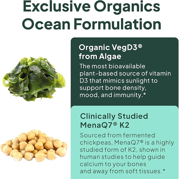 Organics Ocean Better D3 + K2-100% Organic VIT D3 and K2 Supplements with Maximum Bioavailability - Supports Bone Density, Calcium Balance, Immunity & Mood - 4-Pack, 120-Day Supply