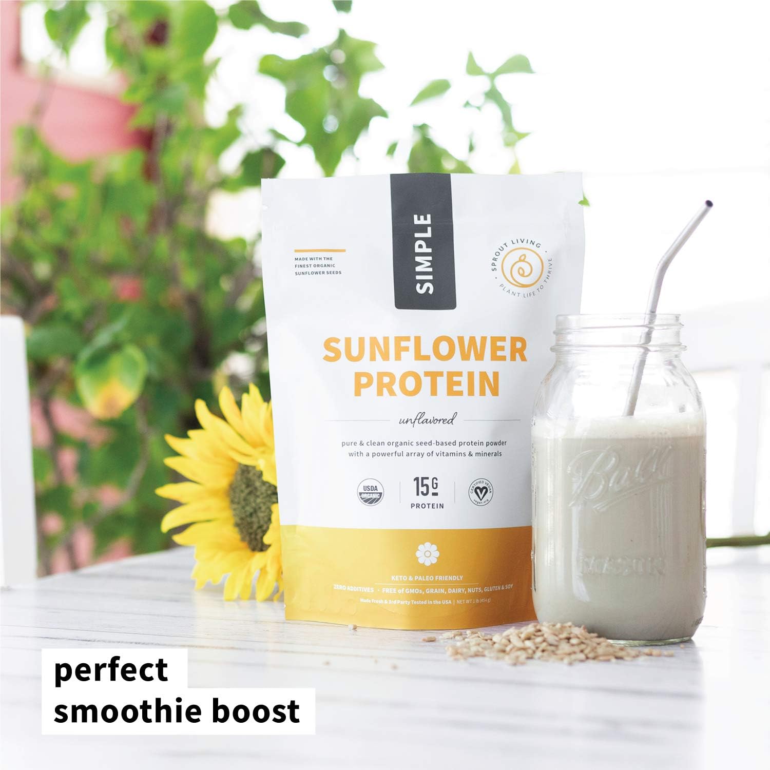 Sprout Living Simple Sunflower Seed Protein Powder, 15 Grams Organic Plant Based Protein Powder Without Artificial Sweeteners, Non Dairy, Non-GMO, Vegan, Gluten Free, Keto Drink Mix (1 Pound)