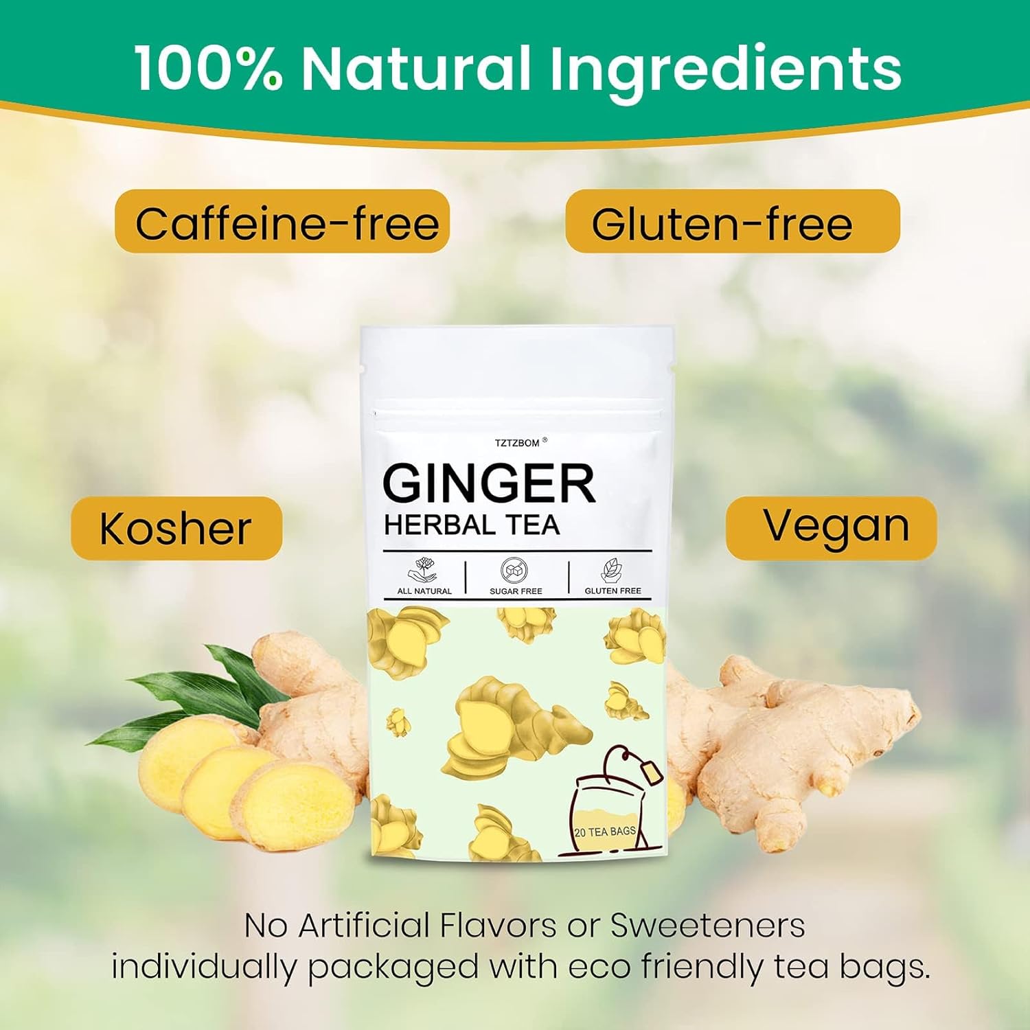 TZTZBOM Ginger Tea Bags - 100% Pure Ginger Root & Lemon Peel & Liquorice Root - Soothing & Spicy Blend Natural Herbal Tea (20 Tea Bags)