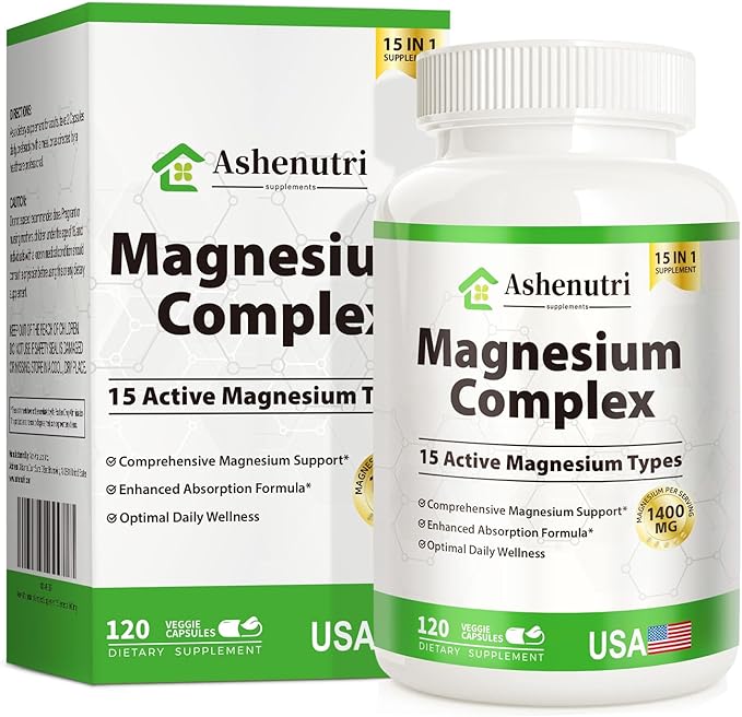 Magnesium Complex with 15 Types Magnesium Glycinate Citrate Malate Taurate Oxide Carbonate Chloride Orotate Magnesio Muscle, Heart, Relaxation & Nerves 120 Vegan Capsules, 60-Day Supply