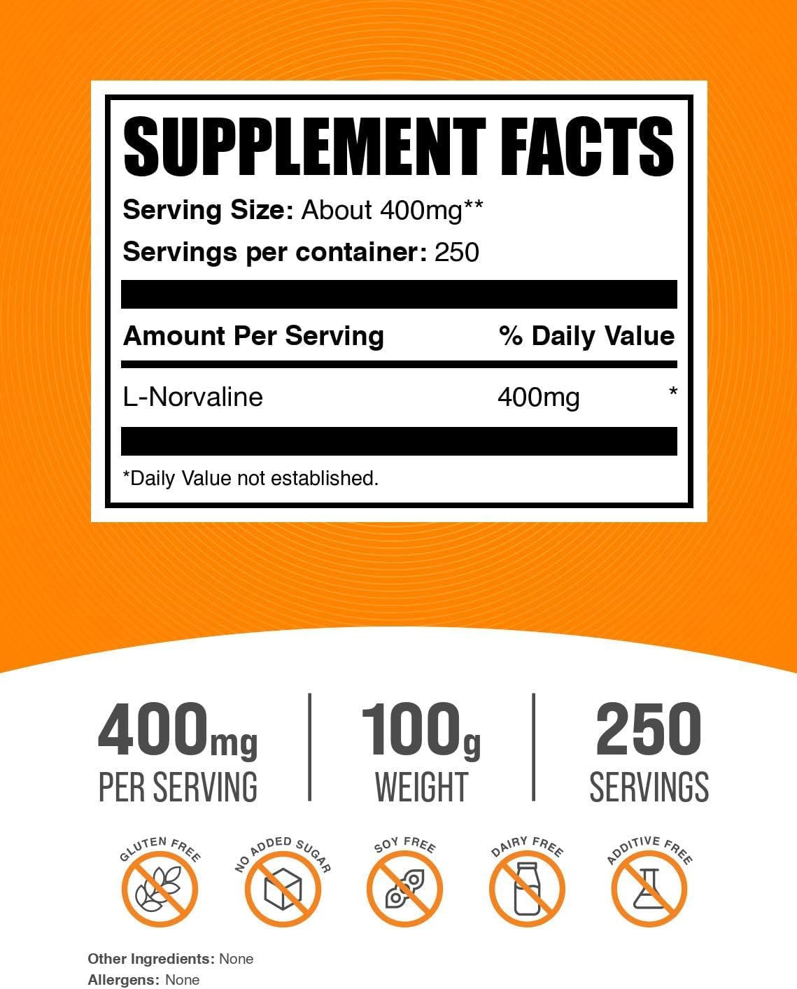BulkSupplements.com L-Norvaline Powder - L-Norvaline Supplement, Nitric Oxide Supplement, Amino Acid - Gluten Free, 400mg per Serving, 100g (3.5 oz) (Pack of 1)