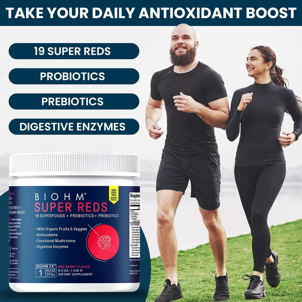 BIOHM Super Reds, Beet Root Powder Antioxidant Beets and Smoothie Mix with Tart Cherry Extract and 19 Red Whole Foods Packed with Prebiotics and Probiotics, Non-GMO, Red Berry Flavor (30 Servings)