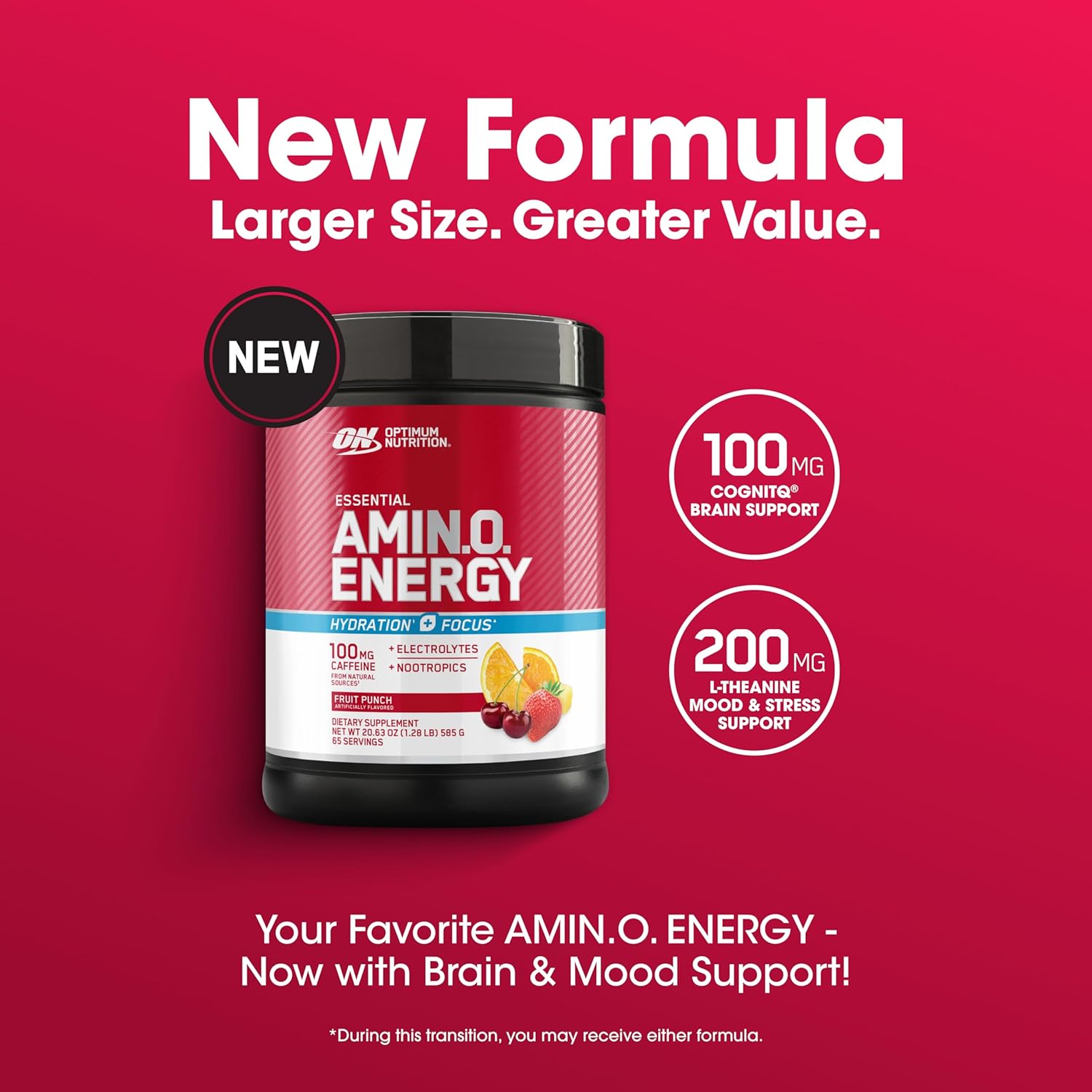 Optimum Nutrition Amino Energy Powder Plus Focus, with BCAA, Electrolytes, and Caffeine, Fruit Punch, 65 Servings (Packaging May Vary)