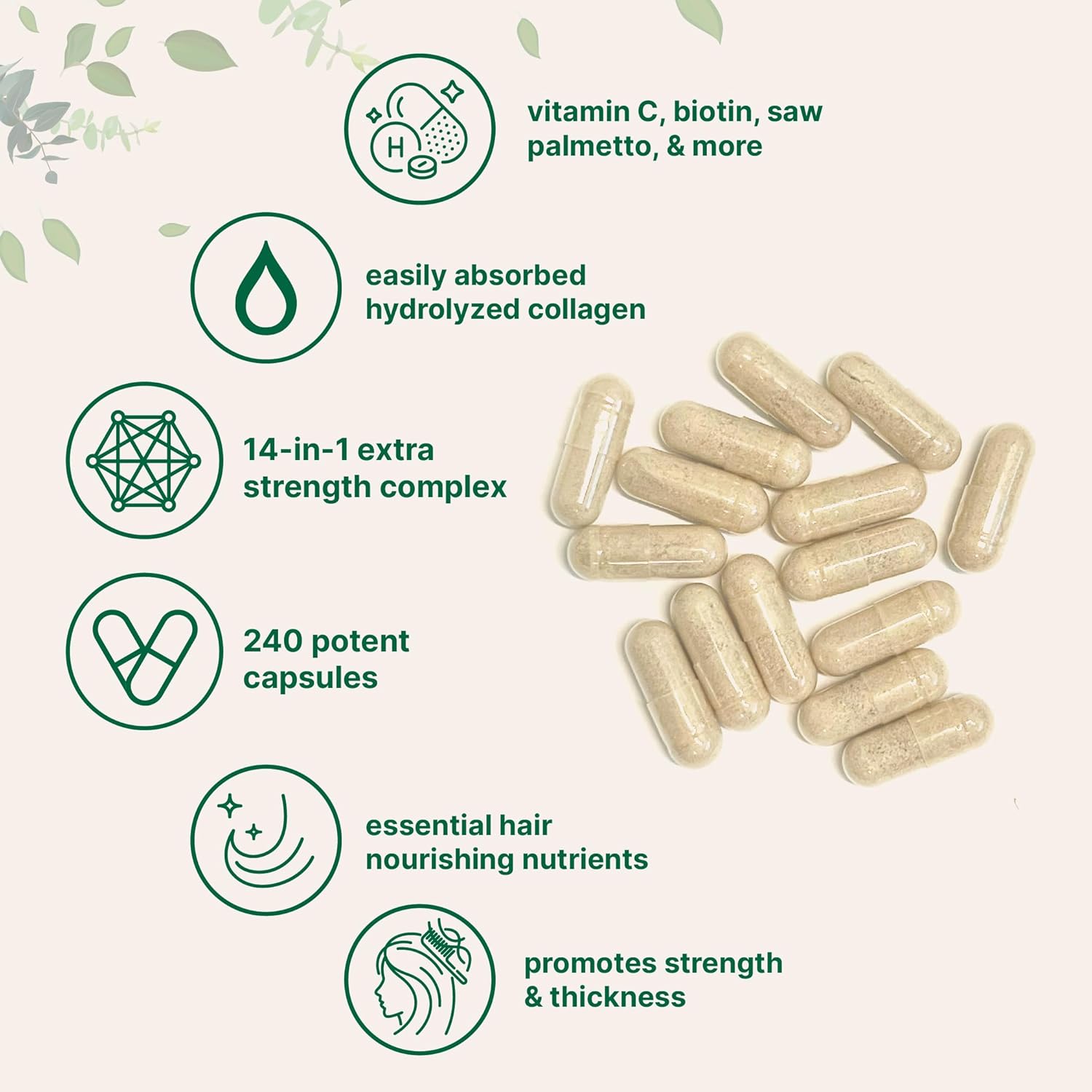 Micro Ingredients Hair Growth Vitamins for Women & Men, 240 Capsules | 14-in-1 Formula with Biotin, Collagen, Keratin, Saw Palmetto & More | Thicker, Fuller, Nourishes Thinning & Loss Hair Support