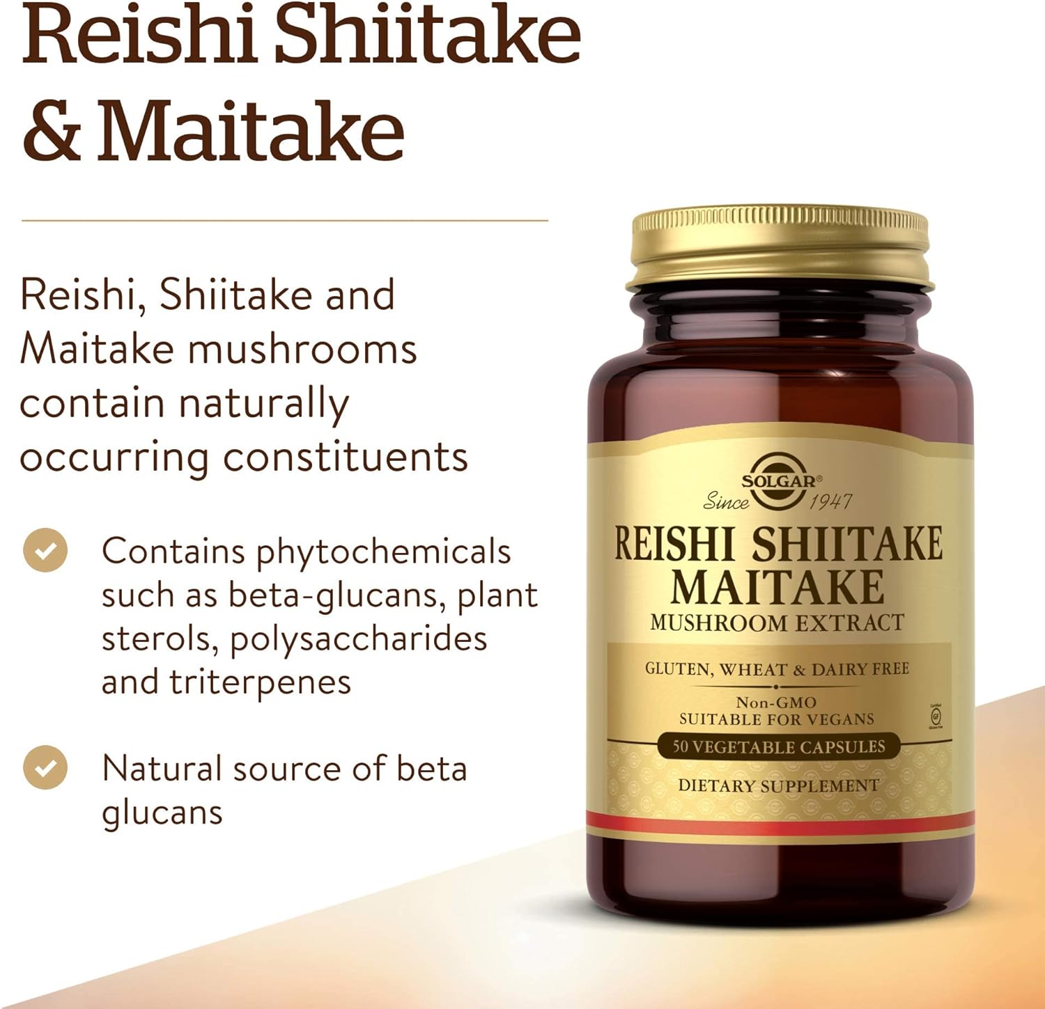 Solgar Multi-Mushroom Complex, 50 Vegetable Capsules - Reishi, Shiitake, Maitake Mushroom Extract - Natural Source of Beta Glucans - Non-GMO, Vegan, Gluten Free, Dairy Free - 50 Servings
