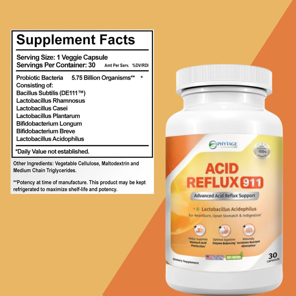 Natural Acid Reflux 911 Supplement Helps Relief Upset Stomach, Heartburn and Acid Indigestion - 100% Natural Powerful Acid Reducer For Fast Natural GERD And Heartburn Relief - 30 Capsules