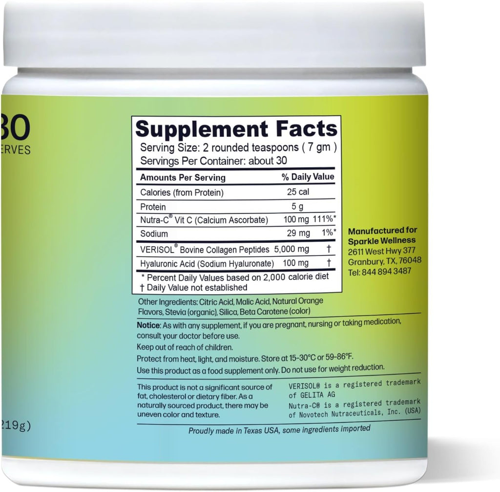 Sparkle Wellness Skin Boost Plus Verisol Collagen Peptides Protein Powder Vitamin C Orange Plus Supplement Drink, 7.7 oz
