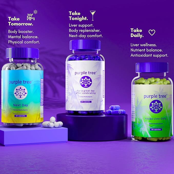 purple tree Post-Celebration Wellness Supplement for Liver Support & Hydration | Liposomal Dihydromyricetin (DHM), L-Glutathione, Milk Thistle, B Vitamins, Minerals, Willow Bark | 30 Pills