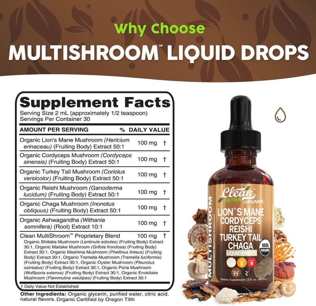 Mushroom Supplement Liquid Drops with Lions Mane Turkey Tail Cordyceps Reishi Chaga Shitake Maitake Tremella Oyster Mushrooms Poria Supplement and Enokitake Mushrooms Complex Blend by Clean Nutra