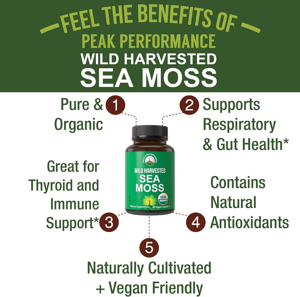 Organic Sea Moss Capsules. Wild Harvested Sea Moss Raw Organic Vegan Supplement from Red Algae Seaweed. 100% Whole Extract Raw Irish SeaMoss Superfood Pills. for Gut, Respiratory, Immune Support.