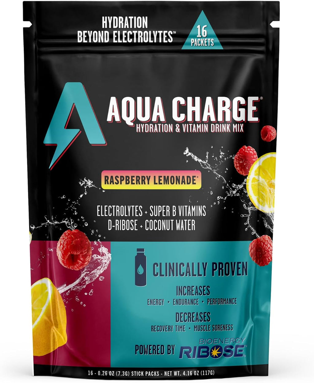 Grab The Gold Aqua Charge Electrolytes Drink Mix | Naturally Flavored Sugar-Free, Hydration Drinks with B Vitamins | Vegan, Gluten-Free, Non-GMO | Raspberry Lemonade - 16 Packs