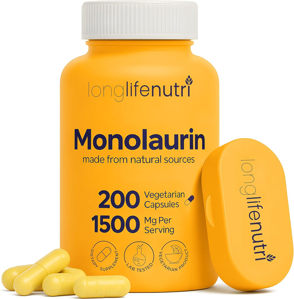 Monolaurin 1500mg - Potent Glycerol from Coconut, 200 Vegetarian Capsules, Organic Supplement for Gut Balance & Natural Defense, 100-Day Supply, GMP Certified, Made in USA
