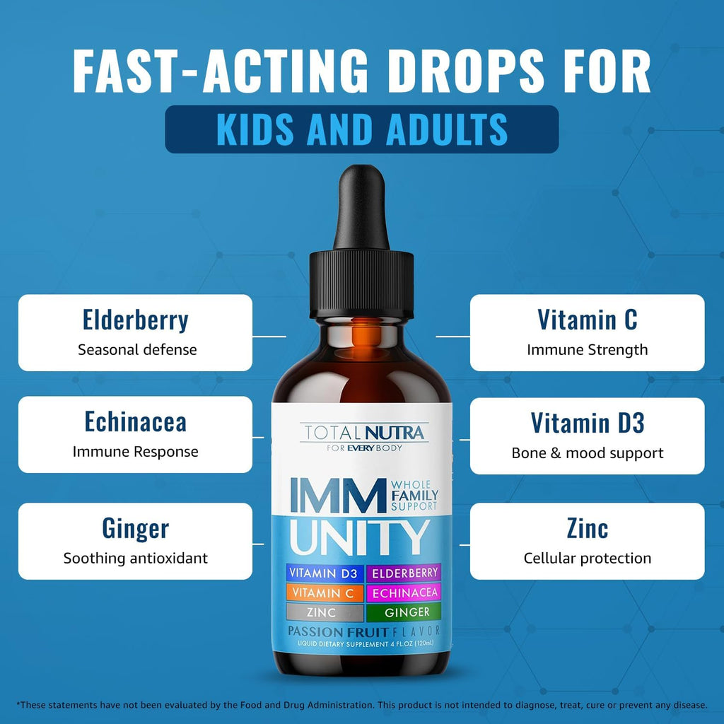 Total Immune 6-in-1 Liquid Multivitamin Supplement | 100% Daily Zinc, Vitamin D3, Vitamin C Immunity Drops Vitamin Liquid | Elderberry, Echinacea, Ginger Support for Adults & Kids | 4 oz Passion Fruit