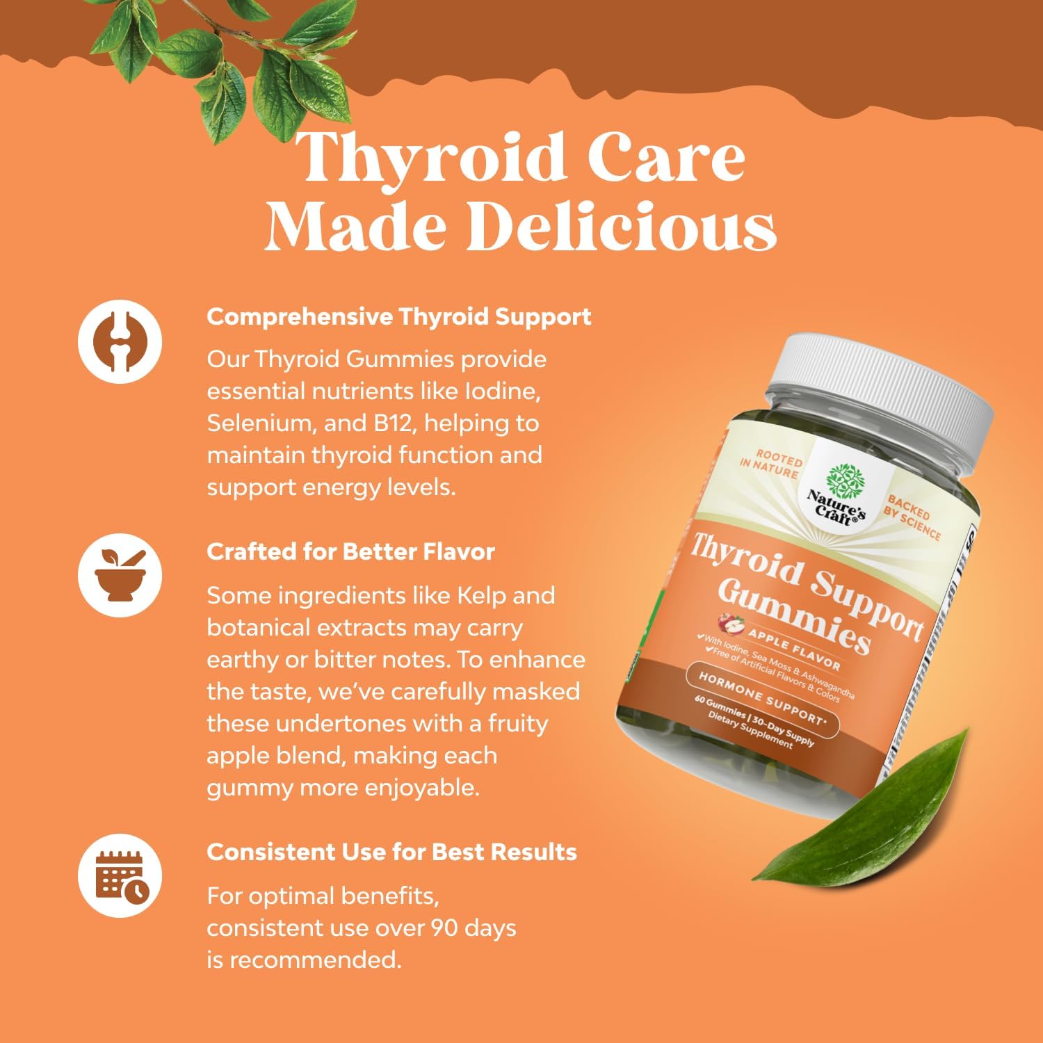 Natures Craft Vegan Thyroid Gummies with Sea Moss - Thyroid Support Gummies for Comprehensive Support for Men and Women with Iodine Selenium and Other Potent Vitamins - Gelatin-Free Non-GMO 60