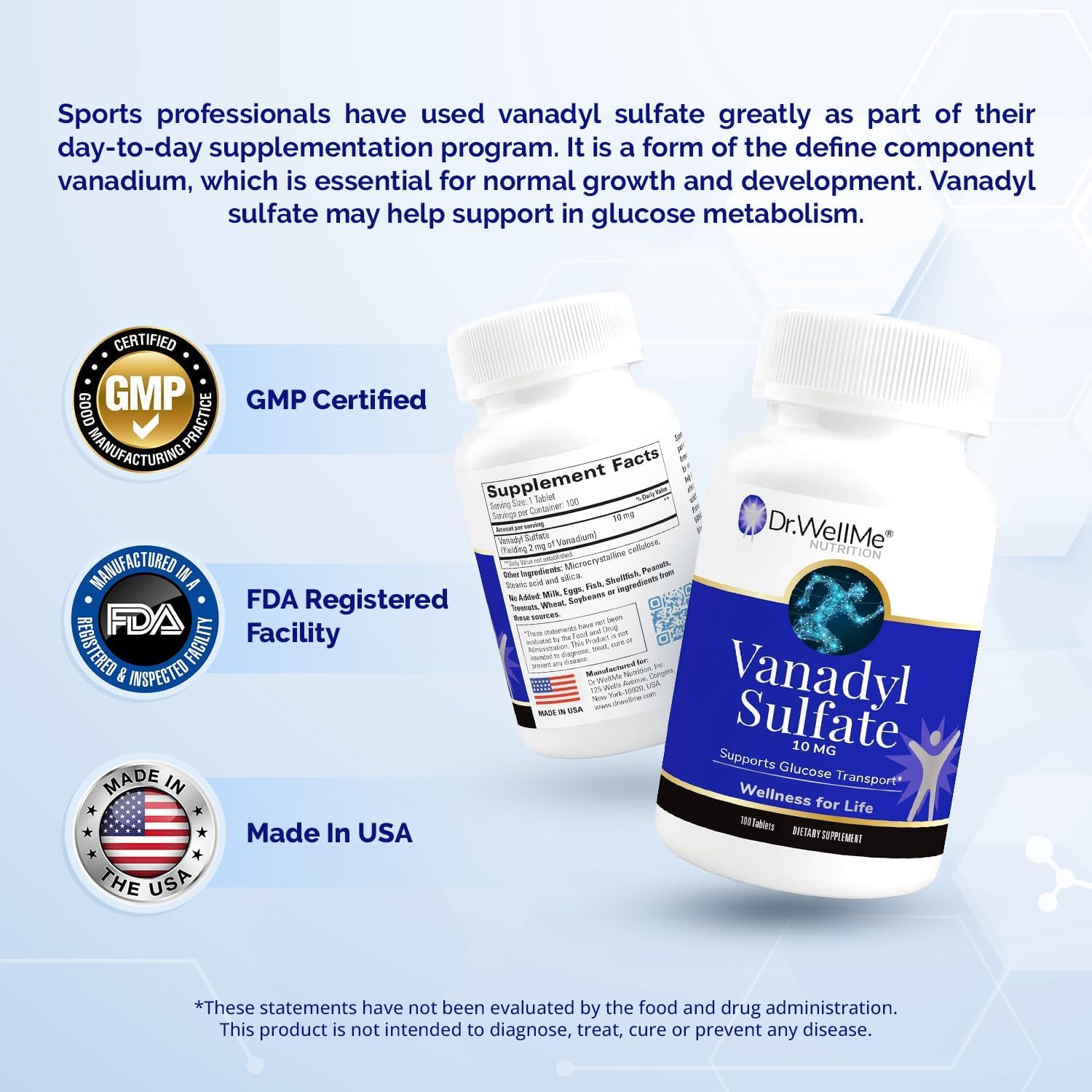 Dr.WellMe Nutrition Vanadyl Sulfate Supplement 10 mg, Maintains Healthy Blood Sugar Level, 100 Tablets, Pack of 3