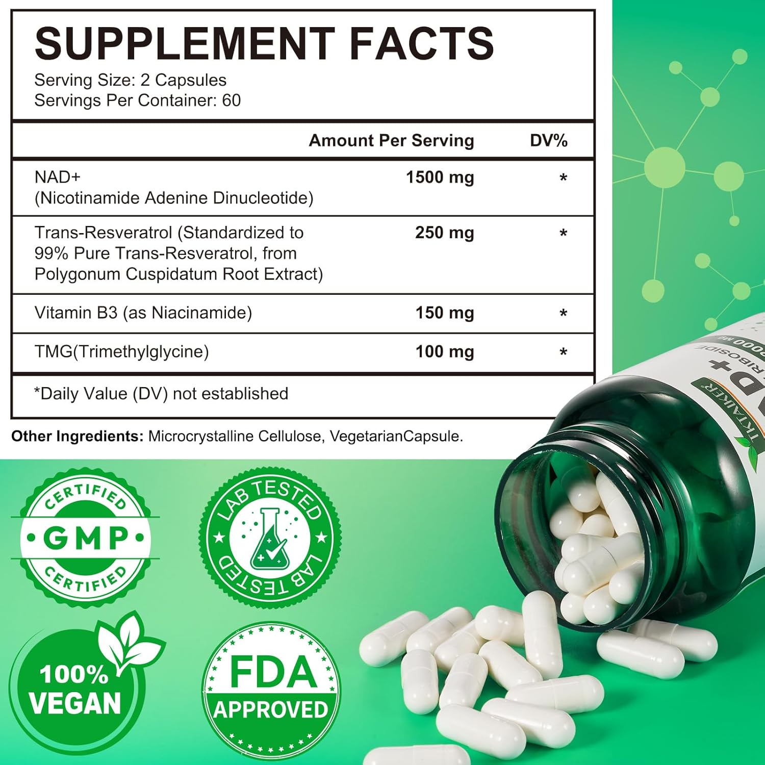 NAD Supplement 2000 Mg - 120 Capsules True NAD & Resveratrol, NMN Alternative Liposomal NAD+ for Women & Men, Support Cellular Health, Stamina & Healthy Aging - Ultra Strength Capsules