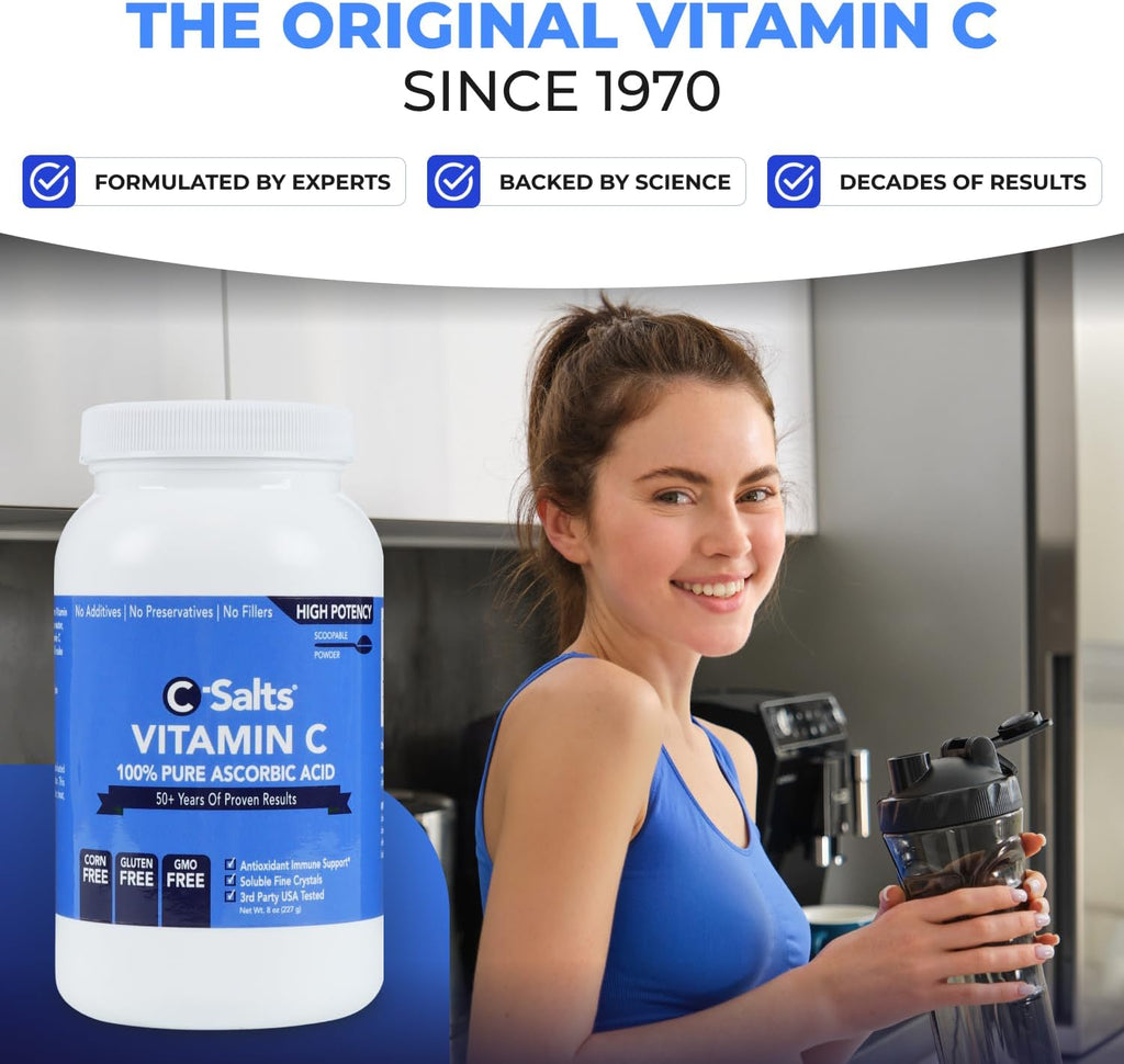 C-Salts Pure Ascorbic Acid Powder - High Dose 100% Pure Vitamin C Powder Supplement for Immune Support - Sugar-Free Powdered Drink with Soluble Fine Crystals, Organic, Corn-Free Non-GMO 8oz
