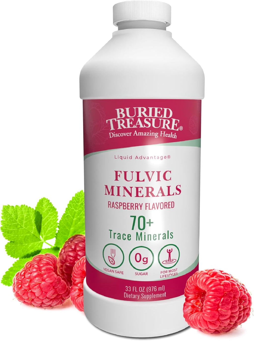 Buried Treasure Fulvic Mineral Complex - 32oz, Natural Raspberry Flavor with Over 70 Plant Derived Minerals Non-GMO Electrolyte Replacement Vegetarian Safe Daily Essential and Trace Minerals