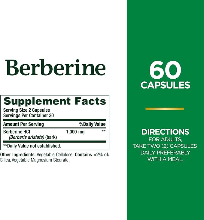 Nature's Bounty Berberine 1000mg Capsules, Supports Heart Health, Cholesterol & Blood Sugar Levels in a Normal Range, Non-GMO Supplement, 60 Count (Pack of 2)