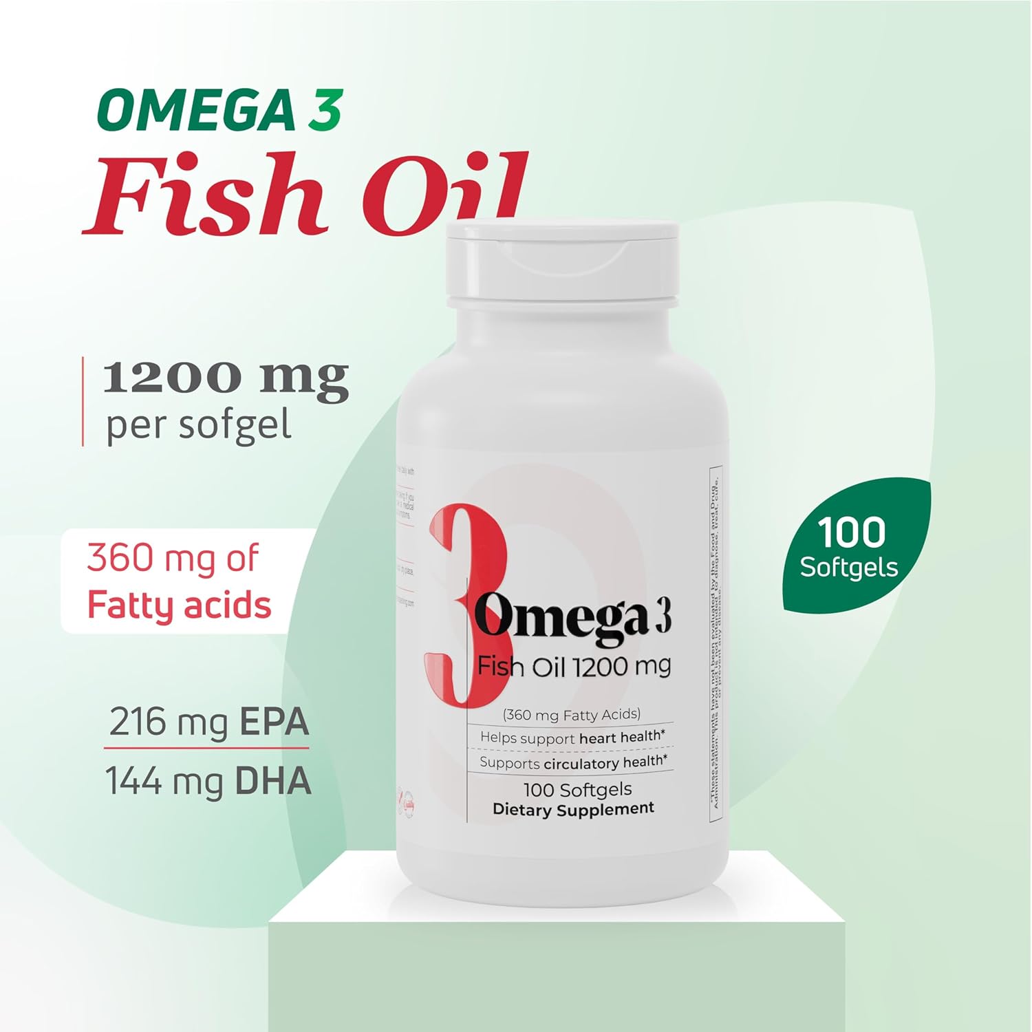 Fish Oil 1200 mg – 360 mg Omega-3 Fatty Acids – Supports Heart Health, Circulatory Health, and Cognitive Function – Non-GMO, Gluten-Free Fish Oil Supplement for Women and Men