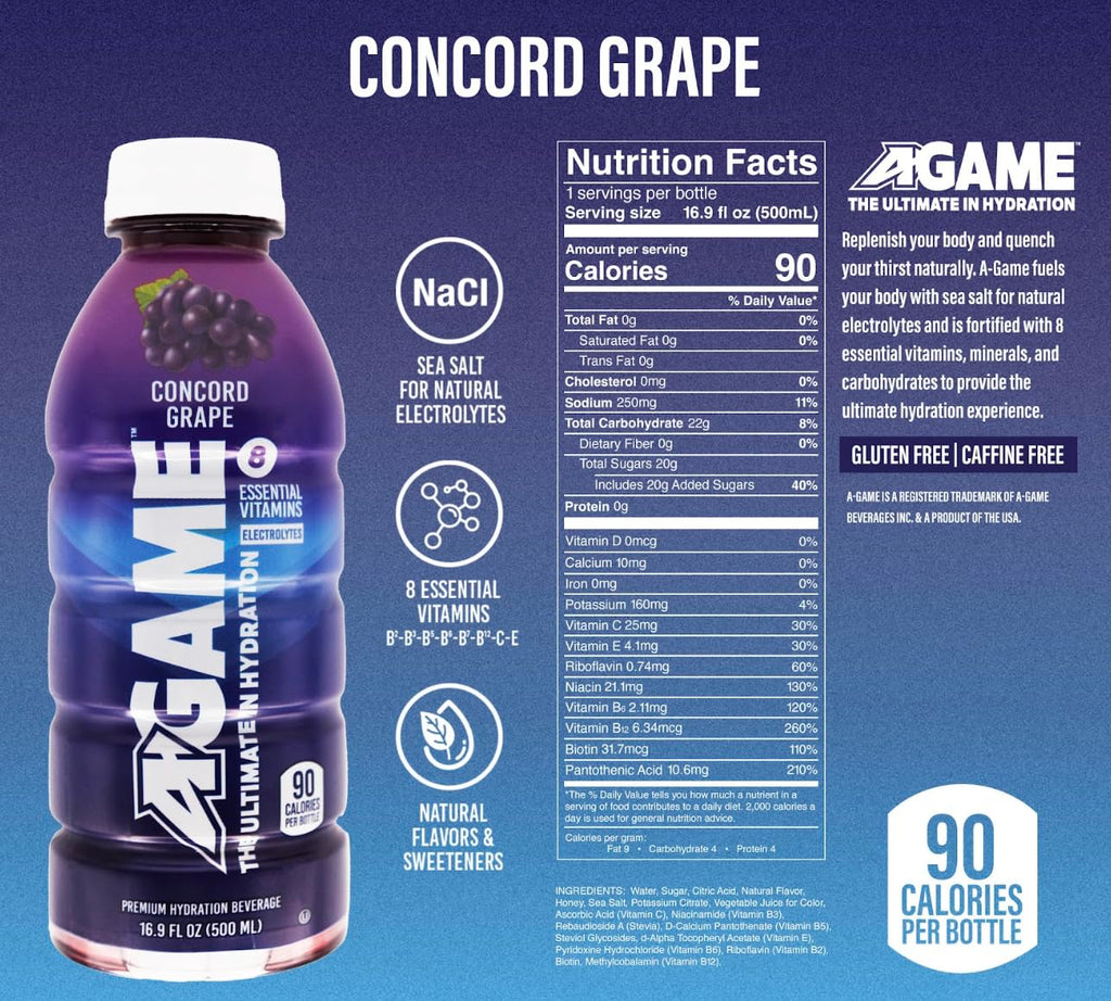 A-GAME Sports Drink, Concord Grape, The Ultimate Hydration Sports Beverage for Athletes, 8 Essential Vitamins including B, C, & E plus Natural Sea Salt Electrolytes, All Natural Flavors & Sweeteners, Gluten Free, 16 Fl Oz (Pack of 12)