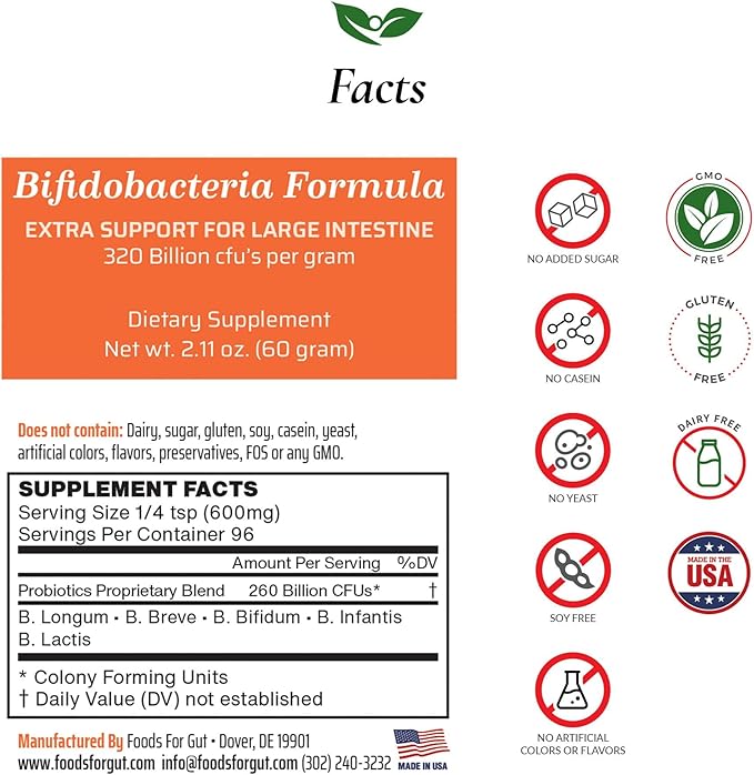 Foods For Gut Bifido Formula 320 Billion cfu's | Made in USA | Direct from Manufacturer | No Third-Party Storage | Digestive & Immune Support | May Help Leaky Gut Repair | 60 Grams (2.11 Oz)