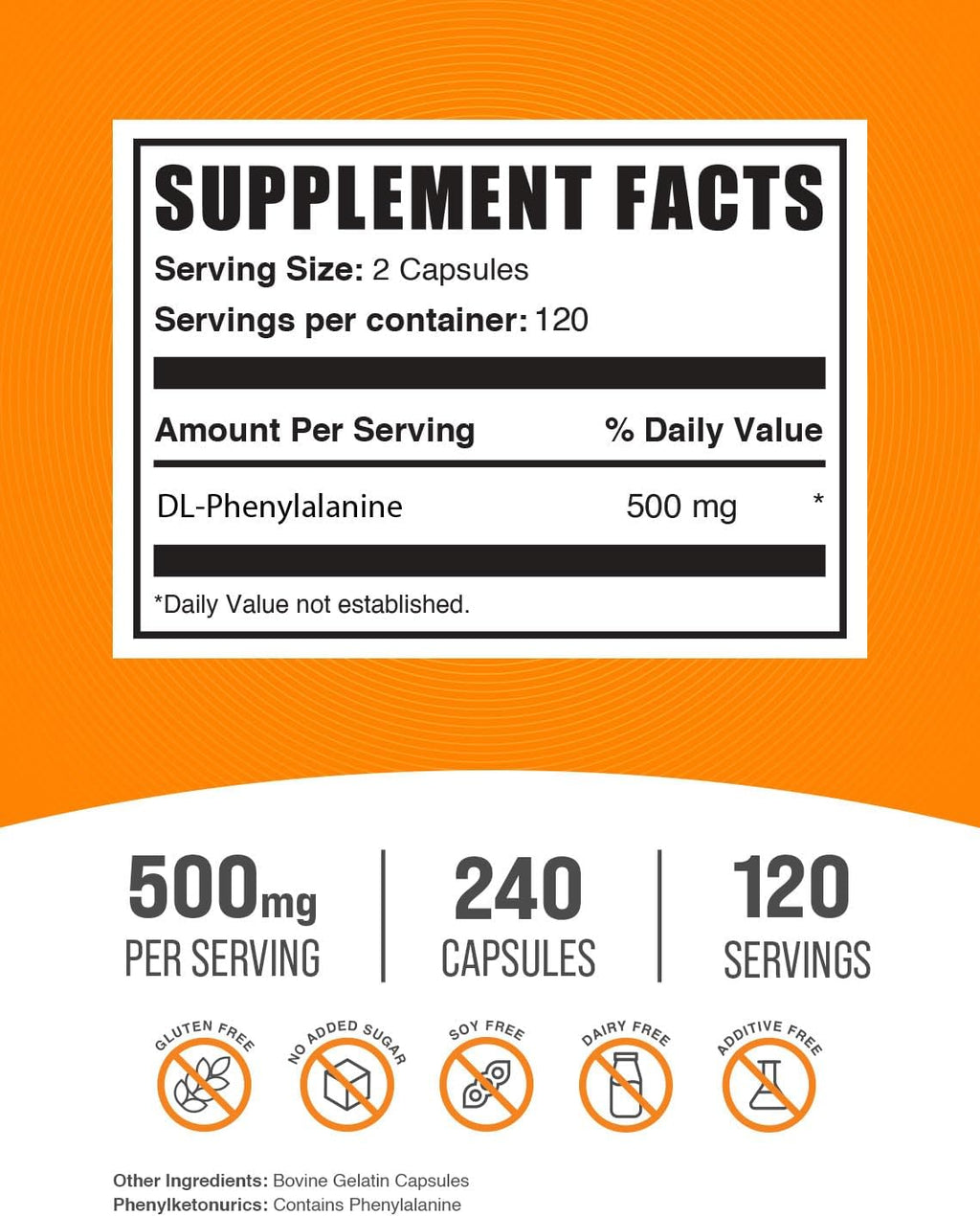 BulkSupplements.com DL-Phenylalanine Capsules - DLPA Capsules, DL-Phenylalanine 500mg - DLPA Supplements, Gluten Free - 2 Capsules per Serving, 240 Capsules (Pack of 1)