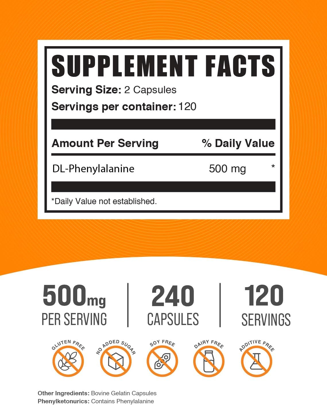BulkSupplements.com DL-Phenylalanine Capsules - DLPA Capsules, DL-Phenylalanine 500mg - DLPA Supplements, Gluten Free - 2 Capsules per Serving, 240 Capsules (Pack of 1)