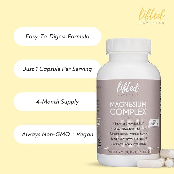 Magnesium Complex - Lifted Naturals Magnesium Supplement w/Bisglycinate, Malate, Taurate - 120 Capsules - Bioavailable Magnesium Formula for Mood, Sleep, Energy Support*