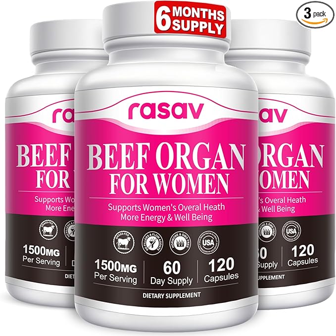 Rasav 3 Pack Beef Organ Supplement for Women - Supports Hormone Balance, Ferritin & Energy Levels - Grass-Fed Beef Liver, Kidney, Heart, & More - 120 Capsules
