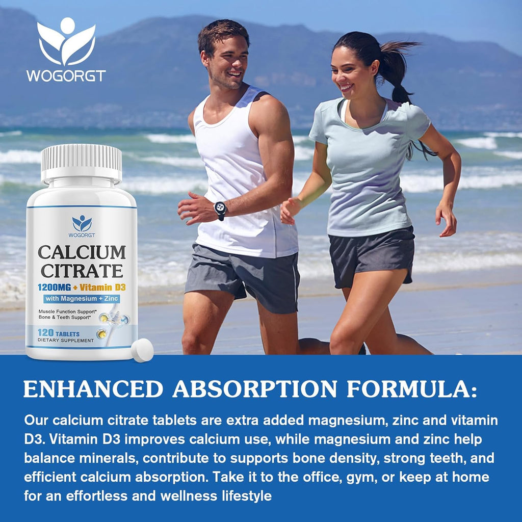 Calcium Citrate 1200mg Supplement with Vitamin D3 for Women and Men - Calcium Magnesium Zinc D3 Supplement for Bone, Teeth, Immune Support, Vegan-Friendly - 120 Tablets