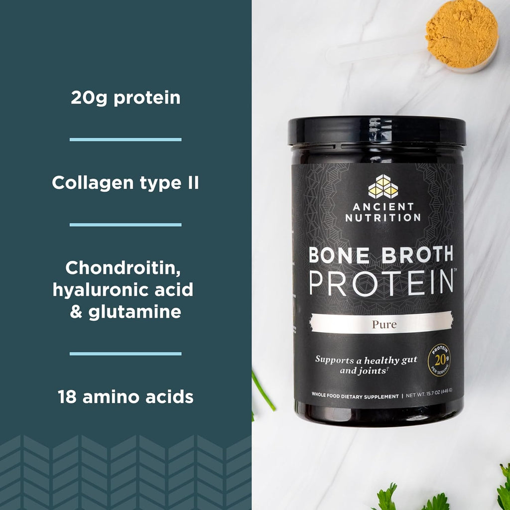 Ancient Nutrition Grass Fed & Cage Free Bone Broth Protein Powder, 20g Protein Per Serving, Hydrolyzed Collagen Peptides, Glucosamine, Chondroitin, Supports Joint & Gut Health, Pure, 20 Servings
