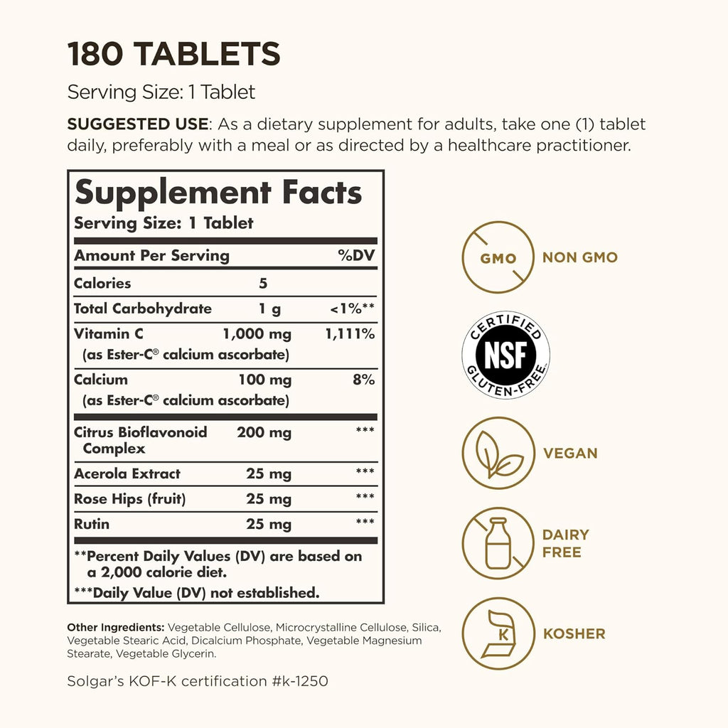Solgar Ester-C Plus 1000 mg Vitamin C (Ascorbate Complex) - 180 Tablets - Gentle & Non Acidic - Supports Upper Respiratory Health - Non-GMO, Gluten-Free - 180 Servings