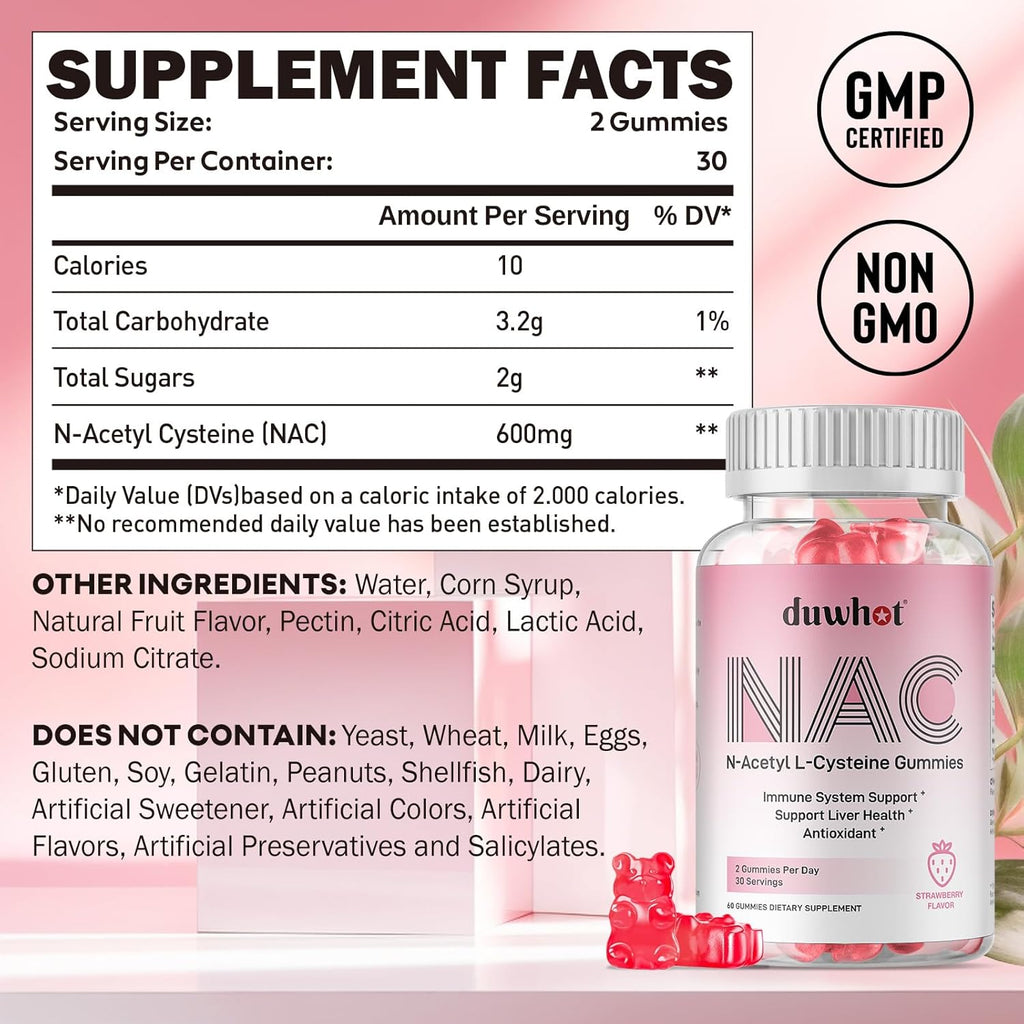 NAC Gummies 600mg, N Acetyl Cysteine Supplement NAC Chewable for Antioxidants & Immune Support, Lung & Liver Health, Natural Strawberry Flavor, 120ct