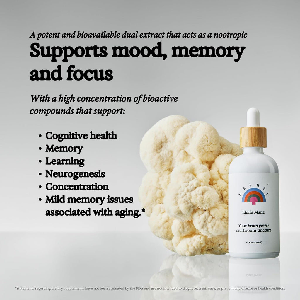 Lion's Mane Mushroom Tincture - Dual Extract Mushroom Supplement - Brain Support, Focus, Memory, Liquid Lion's Mane Supplement, Vegan, Non GMO, 3.4 fl oz