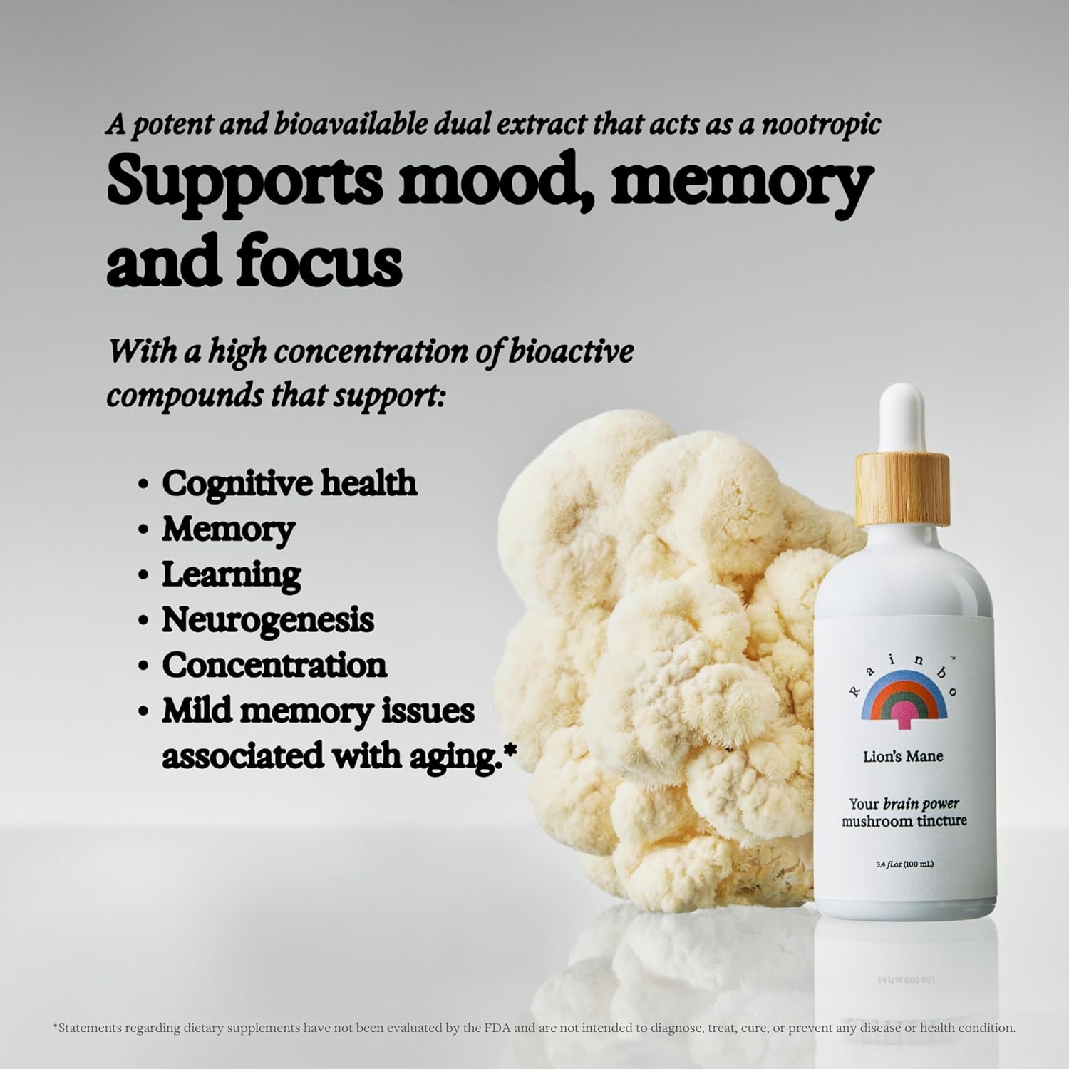Lion's Mane Mushroom Tincture - Dual Extract Mushroom Supplement - Brain Support, Focus, Memory, Liquid Lion's Mane Supplement, Vegan, Non GMO, 3.4 fl oz