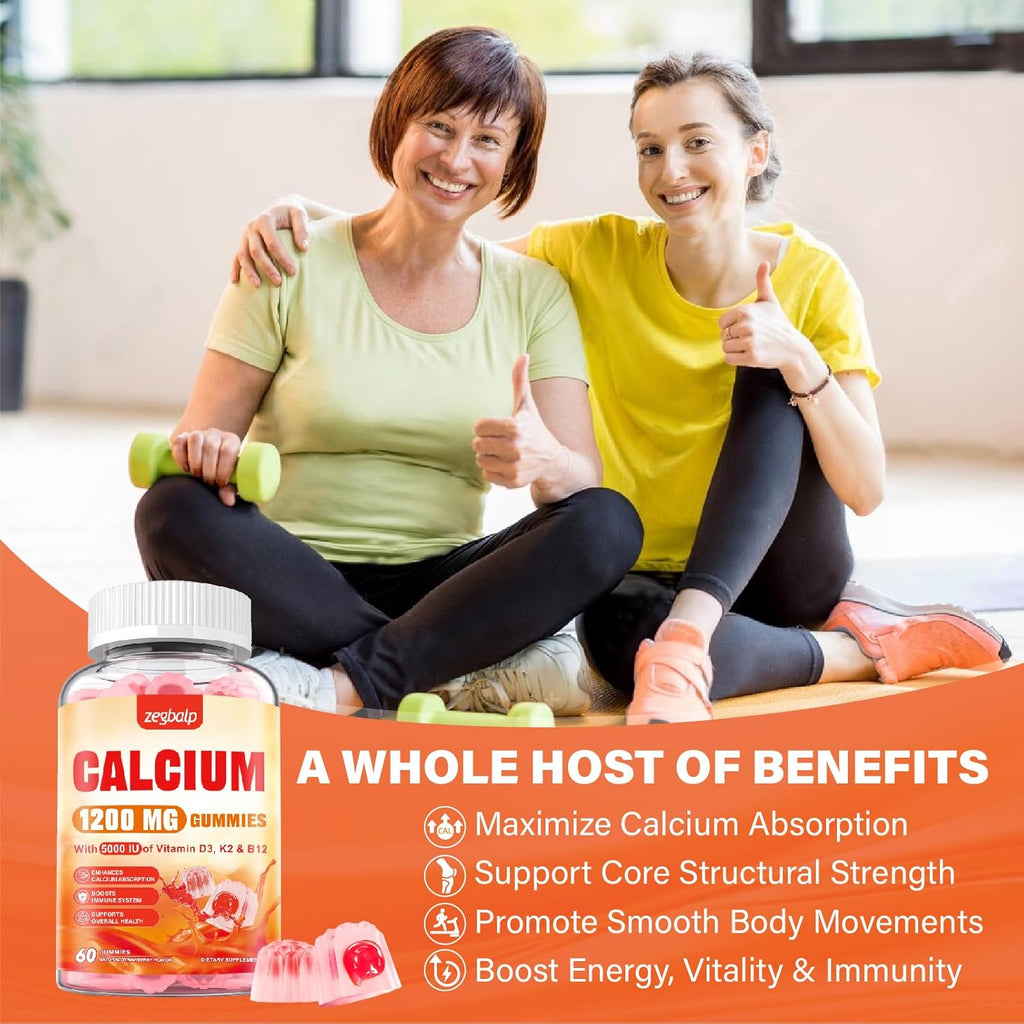 Calcium 1200 mg with Vitamin D3 Supplement for Adults - Calcium Gummies with Vitamin D3 5000IU, K2, B12 for Women Men - Extra Absorption Calcium Citrate - Natural Strawberry Flavor, 120 Gummies