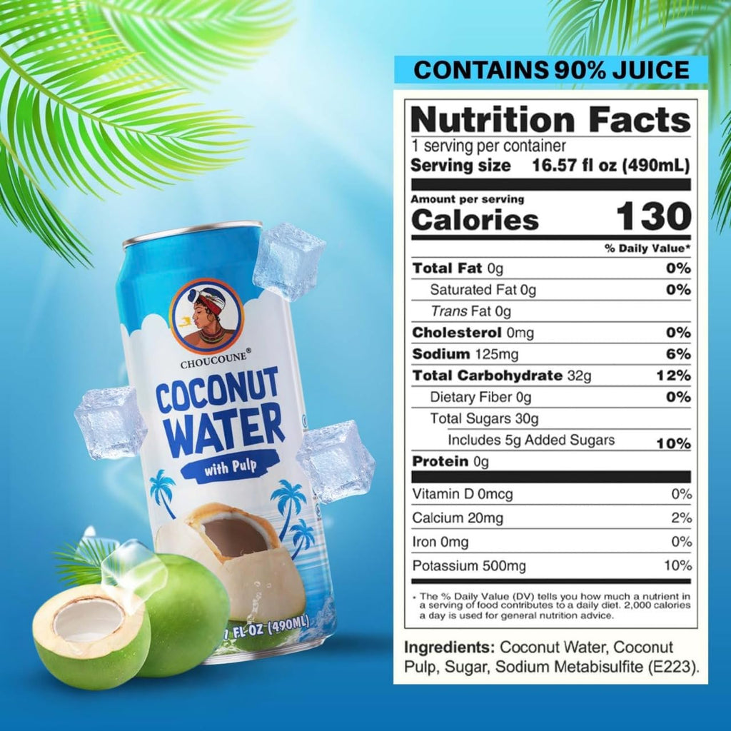 Choucoune Original Coconut Water with Pulp - 100% Natural Hydration Drink - Rich in Calcium & Potassium - Refreshing Non-GMO, Gluten-Free Beverage - Perfect Body Health - 130 Calories (Pack of 12)