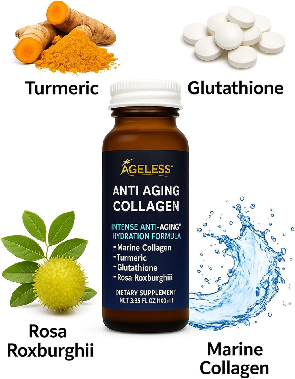 Ageless Ultra Anti Aging Liquid Collagen for Men & Women, Marine Collagen, Turmeric, Glutathione, and Rosa Roxburghii, Multi Vitamins, Skincare, Hydrating & Revitalizing Formula - 50 ml (10 Count)