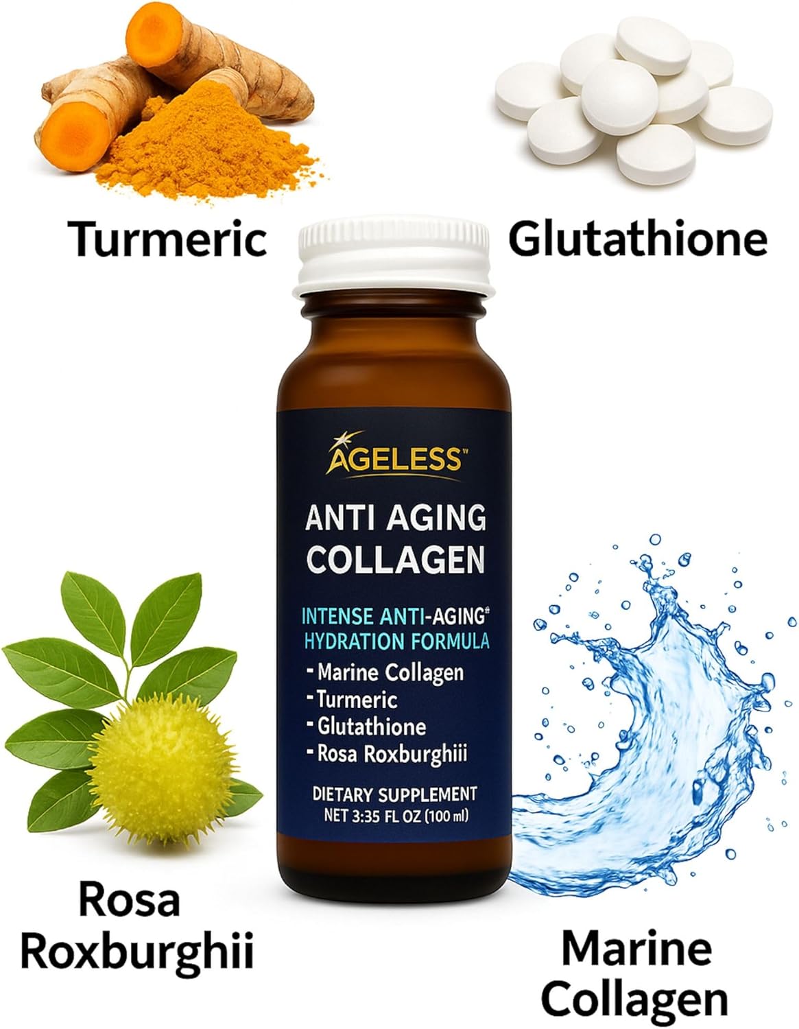 Ageless Ultra Anti Aging Liquid Collagen for Men & Women, Marine Collagen, Turmeric, Glutathione, and Rosa Roxburghii, Multi Vitamins, Skincare, Hydrating & Revitalizing Formula - 50 ml (30 Count)
