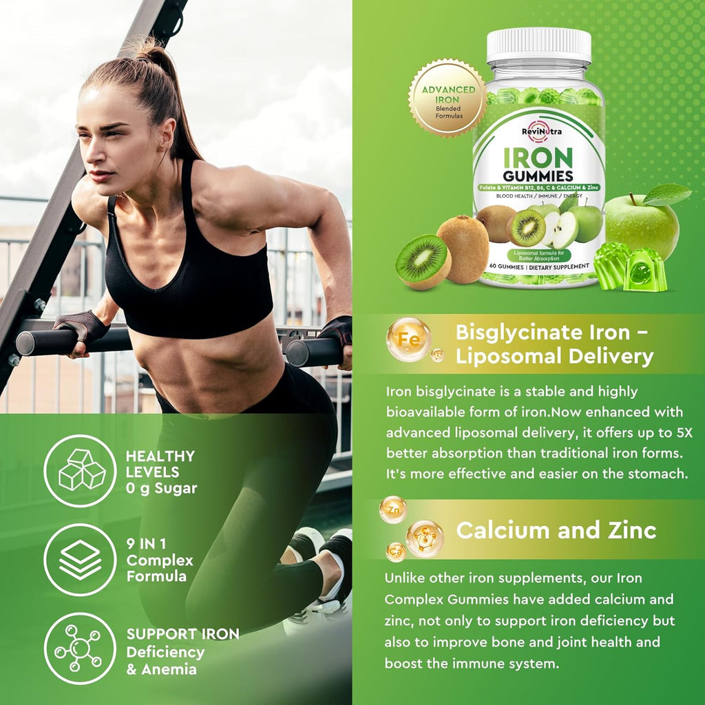 Iron Supplement Gummies for Adults & Kids - with Calcium, Zinc, Folate & Multivitamin - Blood Builder & Energy Support & Immune Health for Iron Deficiency, Anemia, Vegan -Apple & Kiwi Flavor 60 Count