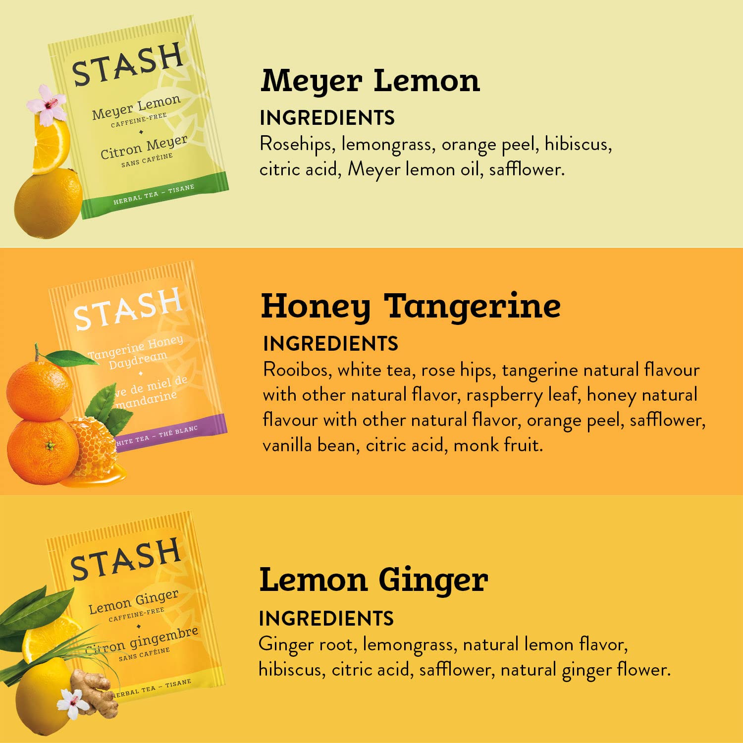 Stash Tea Bright Citrus Tea Sampler - Assortment of Caffeinated and Decaf Teas, Including Lemon Ginger, Meyer Lemon and Honey Tangerine Tea, 18-20 Count (Pack of 3)